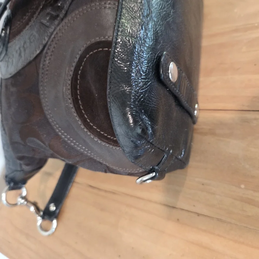 Coach Signature Patchwork Satchel Brown Jacquard Black Leather Shoulder Bag...